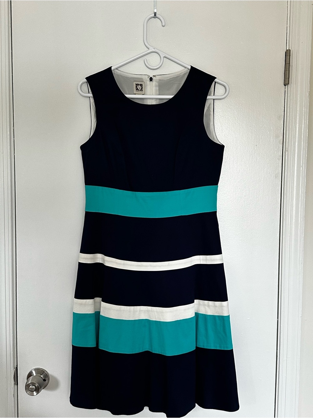Anne Klein Colorblock Stripe Fit & Flare Dress | Navy Teal White